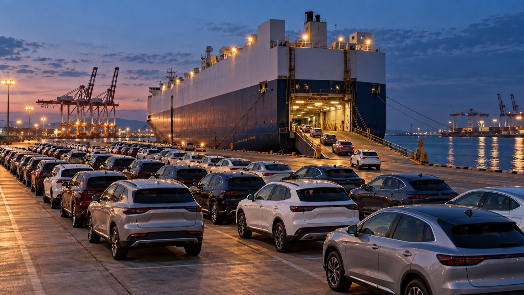 Carros alinhados no cais ao lado de um navio transportador de veículos em um porto japonês