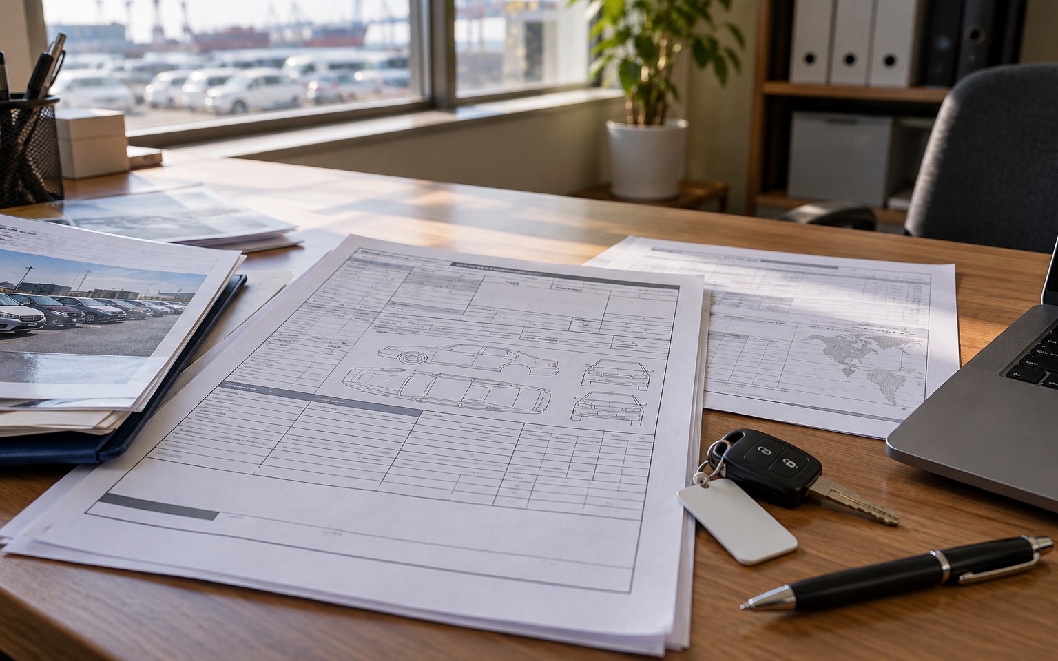 Export documents, car keys and an auction sheet on a desk